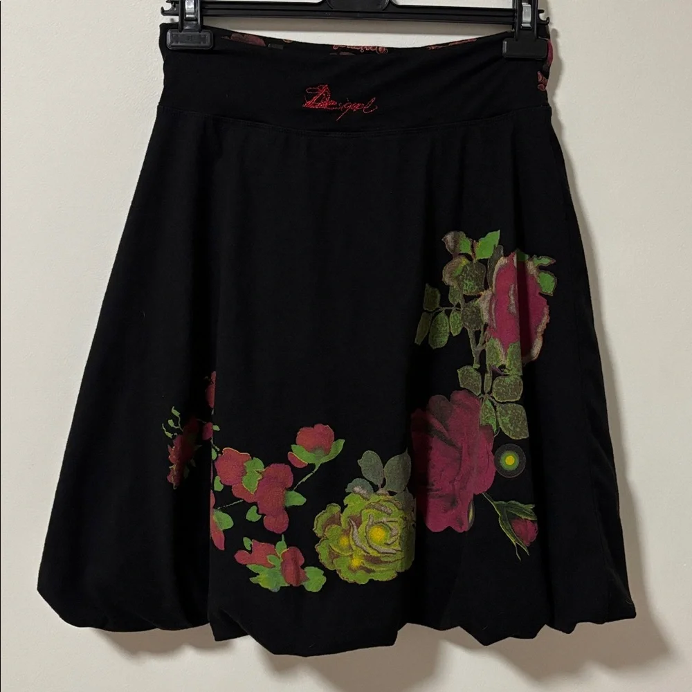 DESIGUAL (M) Balloon Floral Skirt Above Knee Elastic Waist Tie Soft Black - Picture 5 of 13